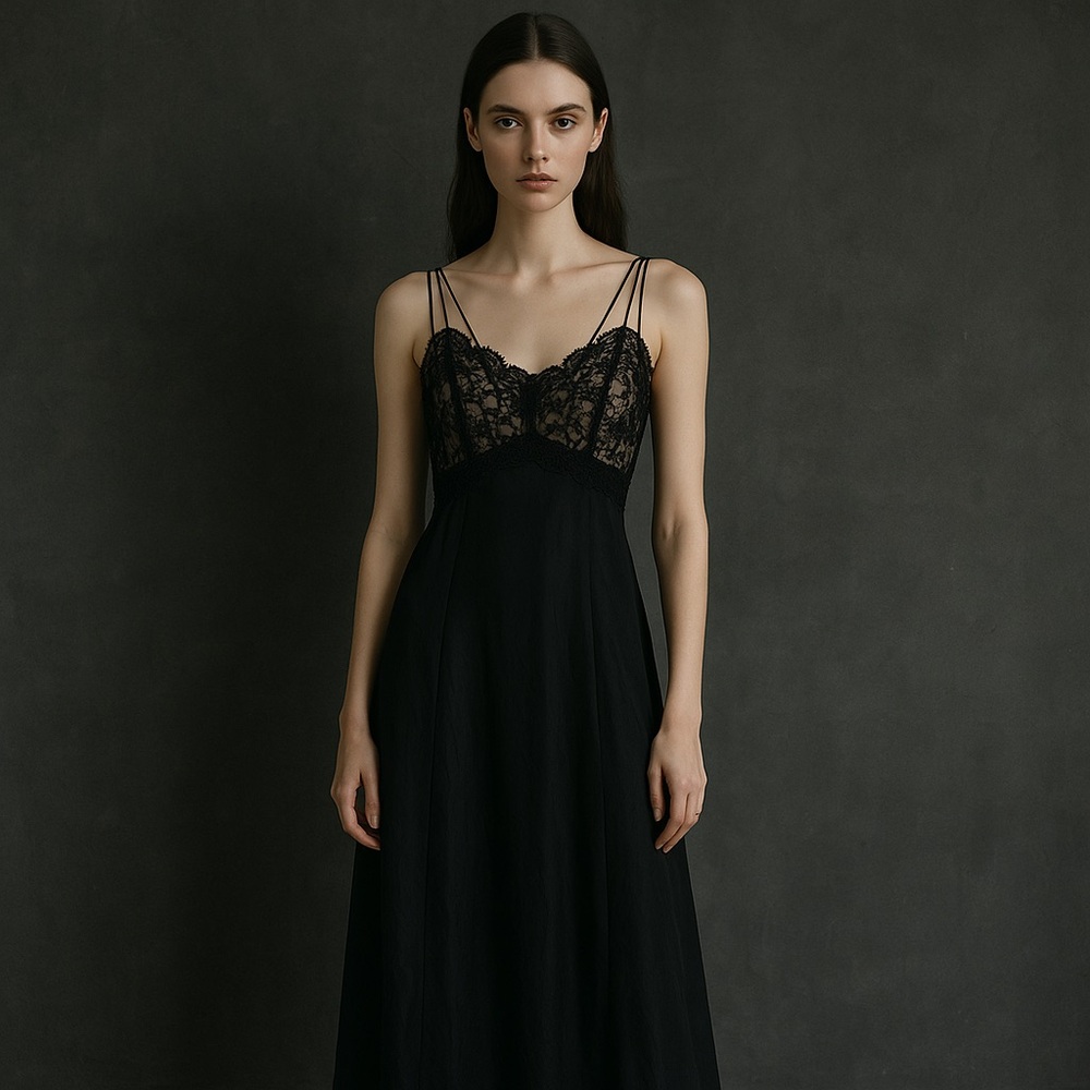 Vintage 50s Vanity Fair Black Lace Whimsigoth Maxi Lace Slip Dress Fits XS-S - Picture 7 of 12